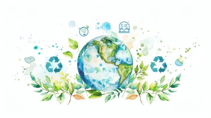 Naklejka premium Earth globe with green leaves and smaller decorative globes symbolizes environmental awareness and sustainability on white background