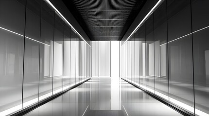 Obraz premium Empty Modern Corridor: Black and White Reflective Interior
