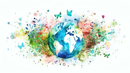 Earth Day watercolor illustration of globe surrounded by plants, butterflies, and colorful splatters on a white background