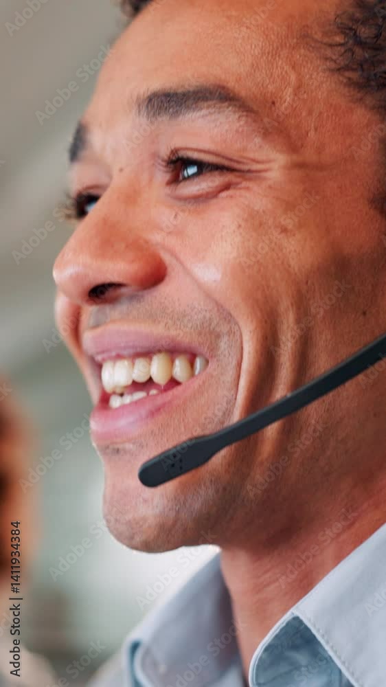 Poster headset, man and customer service in office with computer, communication and online consulting. typi