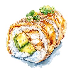 A Watercolor Painting of a Delicious Sushi Roll with Avocado and Unagi.