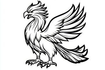 Obraz premium A modern line-art piece of a mythical bird-creature, wings spread wide