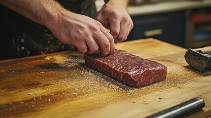 Carpenter sanding wood surface for smooth finish. Featuring craftsmanship and attention to detail