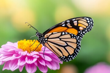 Fototapeta premium A monarch butterfly resting on a bright flower, its delicate wings folded (Insect)