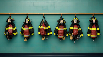 Firefighter gear display fire station photo indoor eye-level emergency preparedness concept