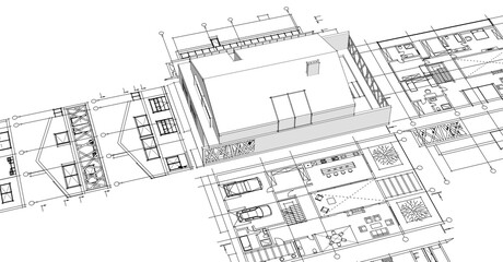 house architectural project sketch 3d illustration	
