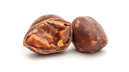 Bitten toffee apple isolated on white. Candy fruit concept.