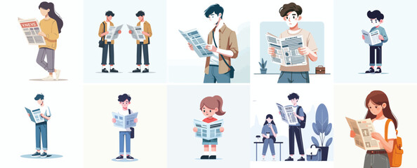 Vector flat design white background. Cartoon Characters Reading Newspapers
