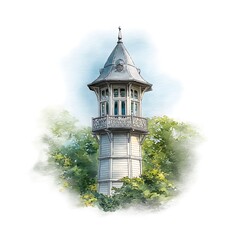 Fototapeta premium Elegant Wooden Tower Amidst Lush Greenery Architectural Illustration.