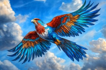 Obraz premium A mythical phoenix-falcon hybrid (Falconiformes) soaring through the skies, its feathers glowing with golden fire