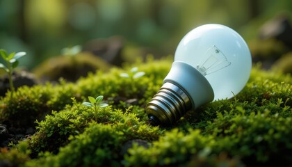 Light Bulb Resting on Vibrant Moss With Small Plants in a Serene Forest Setting During Daylight