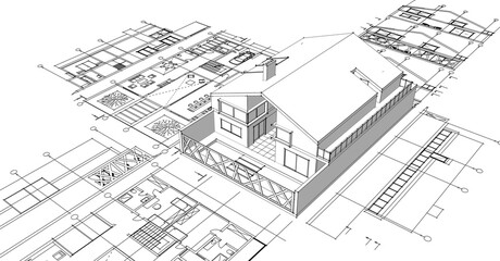 house architectural project sketch 3d illustration	
