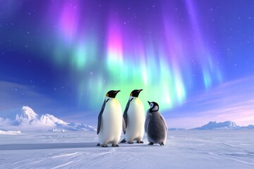 Fototapeta premium A penguin family silhouetted against the aurora borealis, standing on the frozen tundra