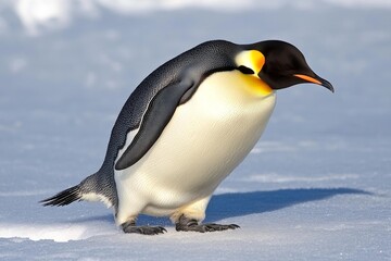 Fototapeta premium A penguin playfully chasing another across the ice, their footprints trailing behind them