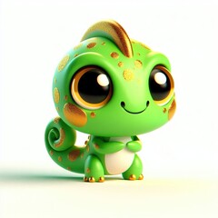 Fototapeta premium Animated character 3D image of green gold Chameleon cute design, white background