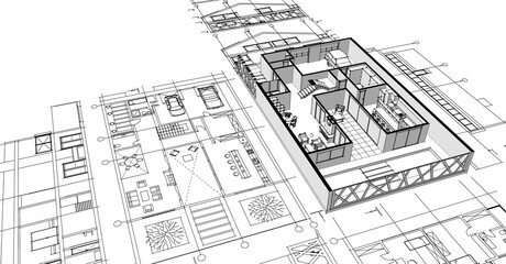 house architectural project sketch 3d illustration	
