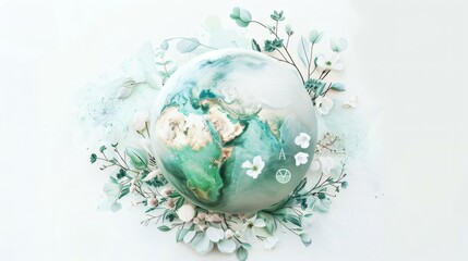 Artistic Hand-Painted Earth Globe Surrounded by Floral Decorations, Emphasizing Nature, Environment, and Global Awareness