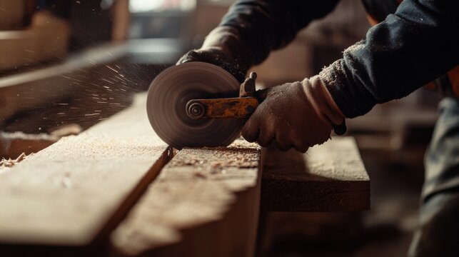 Carpenter using a circular saw on a wooden beam. Featuring craftsmanship and focus