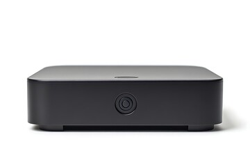 Fototapeta premium Black rounded rectangular smart home device with power button on a white background