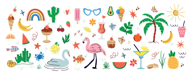 Obraz premium trendy, tropical fruits, desserts, summer elements. naive, summer set, isolated figures on a white background. minimalist, childish, naive style. for print, banners, social networks, business. art