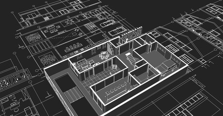 house architectural project sketch 3d illustration	
