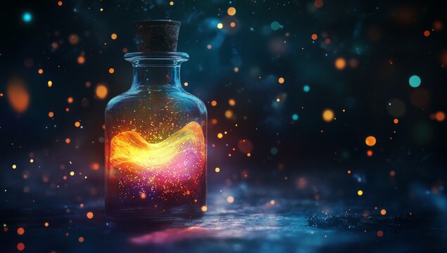 Enchanting glowing elixir in a glass bottle.  Sparkling, colorful, and magical contents within