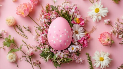 Obraz premium Easter egg shape with surrounding flowers on pink. Spring-themed layout. 