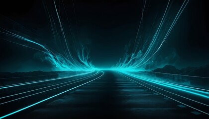 Futuristic Solar Highway with Glowing Blue Energy Trails in Dark Sci-Fi Landscape.
Ideal for topics involving cyberpunk cities, green technology, and energy transmission concepts.