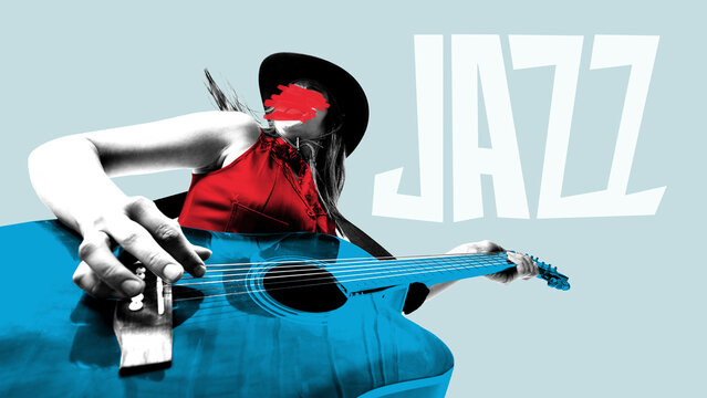 Woman strumming large blue guitar with scribbled face and JAZZ text in graphic collage. Contemporary art collage. Concept of music, jazz, festival, concert. Poster, ad. Photocopy effect