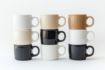 Stacked mugs in white beige brown and black colors simple kitchenware design