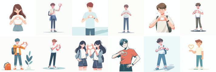 Vector flat design white background. Cartoon Characters Making Heart Shapes with Hands
