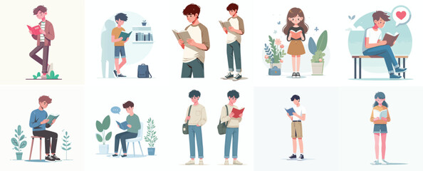 Vector flat design white background. Cartoon Characters Reading Books
