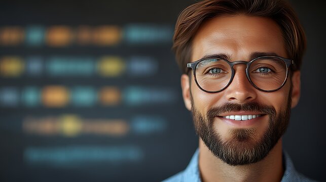 Smiling man with glasses, coding background.