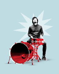 Man in dark shirt sitting behind bright red drums with burst background in creative art collage....