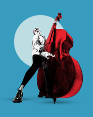 Stylish woman stretching leg dramatically while playing red double bass on turquoise circle...