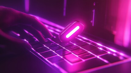 A focused individual sits at a sleek desk, typing intently on their laptop. The keyboard glows in vibrant pink hues, casting a soft light on their hands as they work.