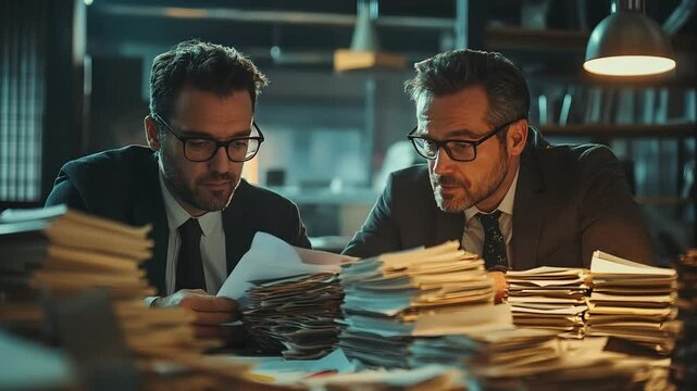 Two businessmen intensely discussing financial issues in a dim office filled with bankruptcy papers. Their contrasting expressions reflect tension, determination during a crucial business negotiation