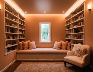 Fototapeta premium Cozy corner reading nook with warm lighting, plush pillows, and shelves full of books.