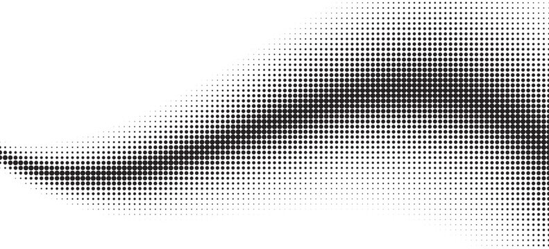 Comic halftone wave background. Dotted curved gradient effect wallpaper. Abstract wavy fluid backdrop texture. Black pop art swoosh element for poster or banner