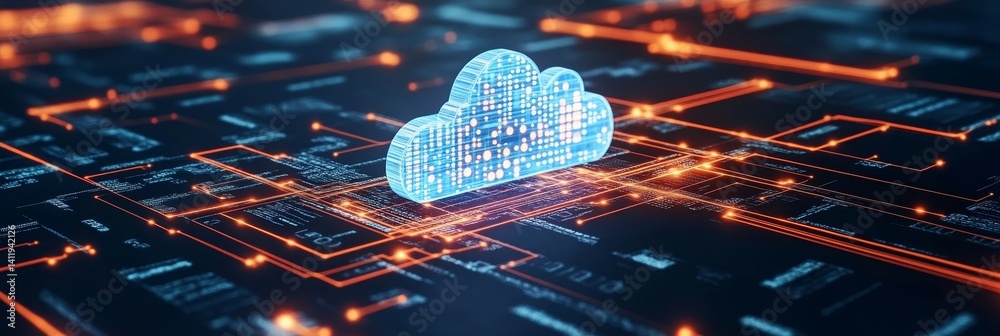 Poster glowing blue cloud computing icon on circuit board data flow visualization, 3d render