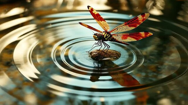 Colorful dragonfly rests on a stone in rippling water