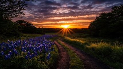 Sunrise over Texas wildflowers, country road leading through field