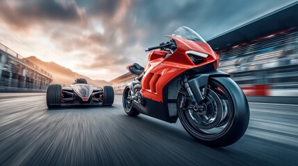 A high-speed red motorcycle races alongside a formula one car on a race track with blurred background effects.