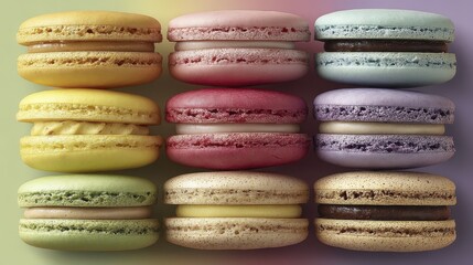 Fototapeta premium A vibrant assortment of colorful macarons, showcasing delicate pastel shades and various flavors - macaron shot rainbow dessert