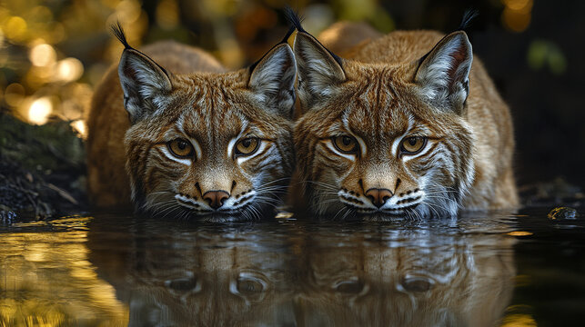 Two Iberian lynxes drink water together in serene natural setting - Powered by Adobe