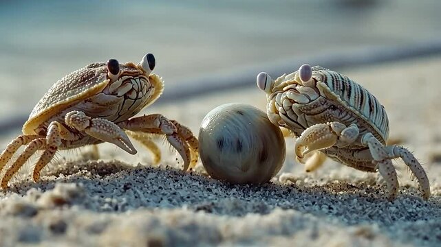 Tiny crabs playing with a ball on sandy beach