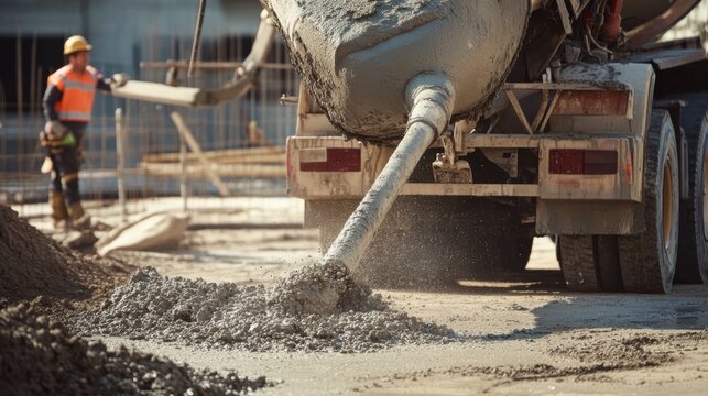 Cement truck unloading concrete at a construction site. Featuring strength and industrial work