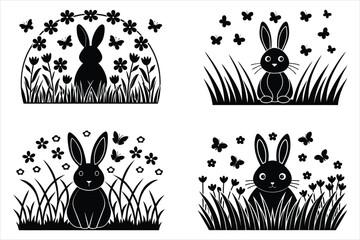 Black silhouette of a bunny sitting in a wildflower meadow with butterflies and grass