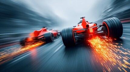 Two Formula 1 race cars speed along a blurred track, creating sparks with impressive velocity. The dynamic racing scene conveys power.