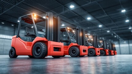 A row of new red forklifts lined up inside a large warehouse, ready for use in logistics and storage operations, showcasing modern machinery.
